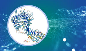 Decorative image showing a nuclear pore complex AlphaFold prediction on blue and green background.